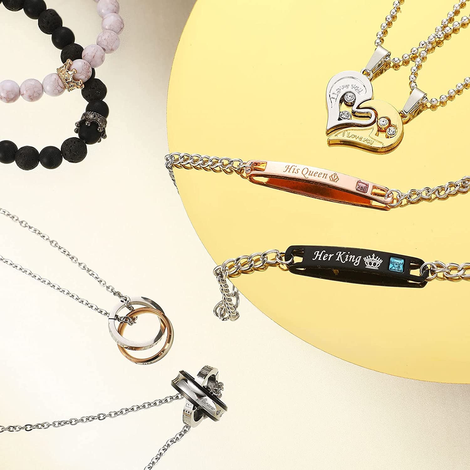 8 Pieces Couples Necklace Bracelet Matching Bracelets Set for Women Men, Her King His Queen I Love You Heart Crown Necklaces Boyfriend Girlfriend for Valentines Jewelry Gift