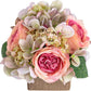 Queen BEE Artificial Silk Flowers in Vase. Fake Pink Roses 3 Heads and Hydrangeas with Ceramic Vase for Home, Wedding, Bathroom Decor. Nightstand Decoration. Home Accent, Small 7" (Pink Rose)