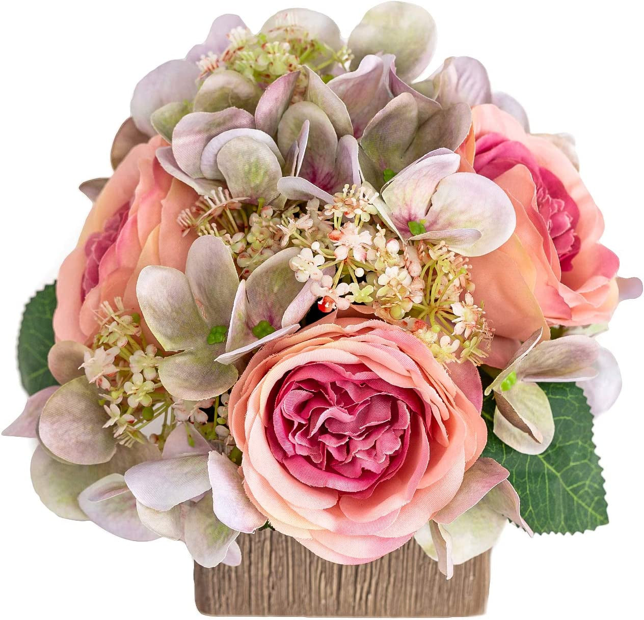 Queen BEE Artificial Silk Flowers in Vase. Fake Pink Roses 3 Heads and Hydrangeas with Ceramic Vase for Home, Wedding, Bathroom Decor. Nightstand Decoration. Home Accent, Small 7" (Pink Rose)