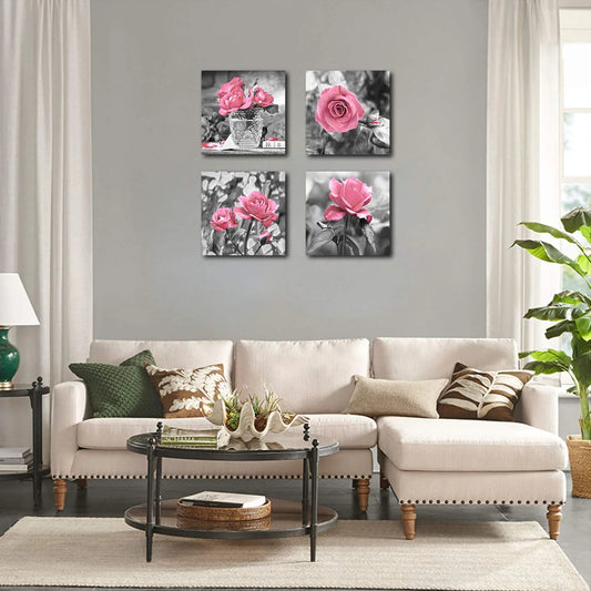 4 Panel Pink Rose Flower Wall Art Paintings Wall Art Paintings Floral Prints on Black and White Canvas Wall Decoration Framed for Bathroom Bedroom Decor Artwork 14X14 Inch