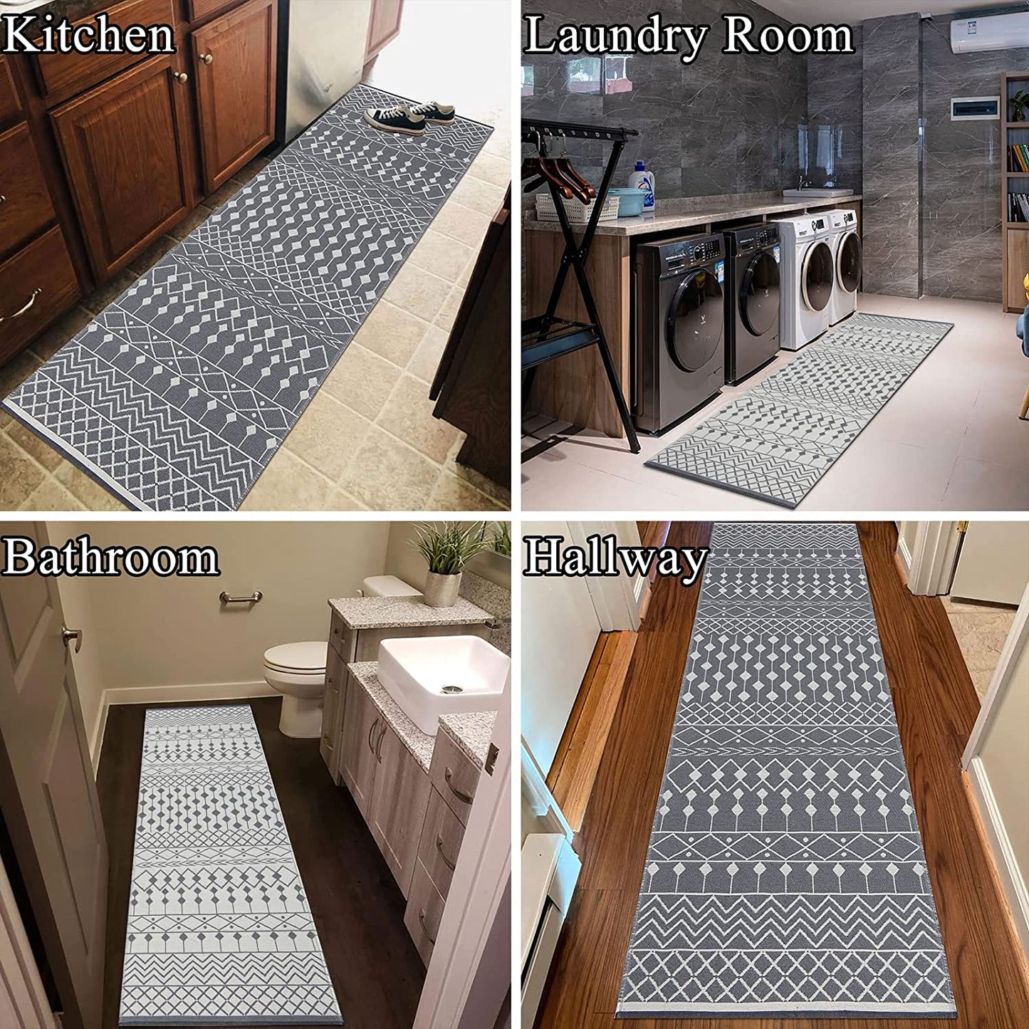 Extra Long Boho Runner Rug 2' X 6', Reversible Cotton Moroccan Throw Rug Bathroom Runner, Washable Hand Woven Hallway Runner Rug, Farmhouse Runner for Entryway, Bedroom and Kitchen, Grey