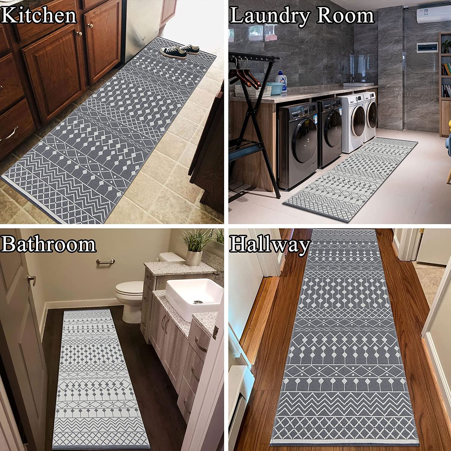 Extra Long Boho Runner Rug 2' X 6', Reversible Cotton Moroccan Throw Rug Bathroom Runner, Washable Hand Woven Hallway Runner Rug, Farmhouse Runner for Entryway, Bedroom and Kitchen, Grey