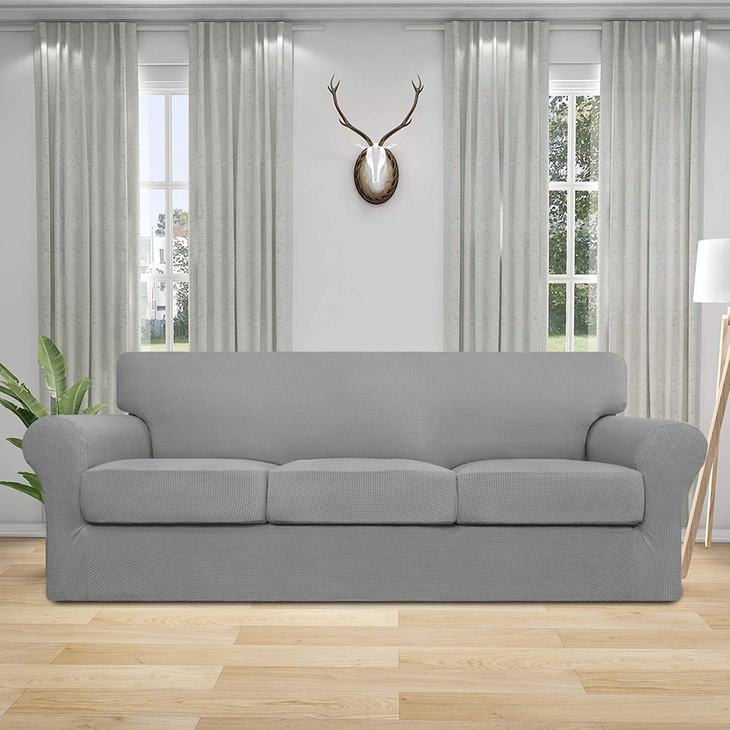 4 Pieces Stretch Couch Cover Sofa Cover for Dogs Washable Sofa Slipcover for 3 Separate Cushion Couch Spandex Jacquard Fabric Elastic Furniture Protector for Pets, Kids (Light Gray, Sofa)