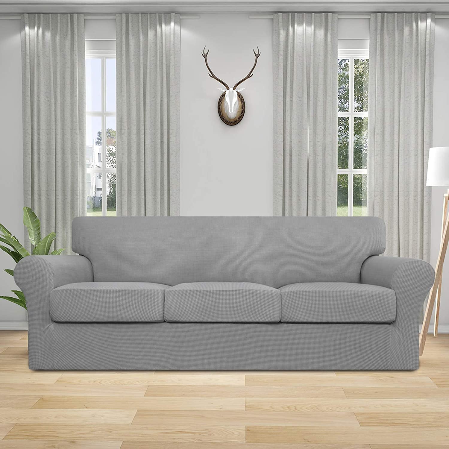 4 Pieces Stretch Couch Cover Sofa Cover for Dogs Washable Sofa Slipcover for 3 Separate Cushion Couch Spandex Jacquard Fabric Elastic Furniture Protector for Pets, Kids (Light Gray, Sofa)