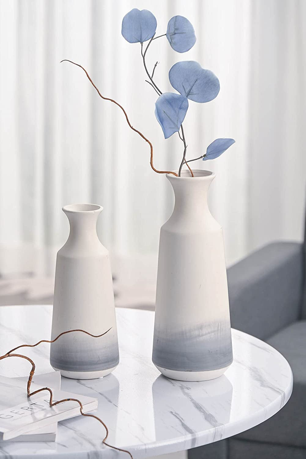 Modern Ceramic Flower Vase, Grey and White Decorative Vase for Pampas Grass, Set of 2 Terracotta Vases for Home Decor, Modern Farmhouse Decor, Living Room, Shelf Decor-12