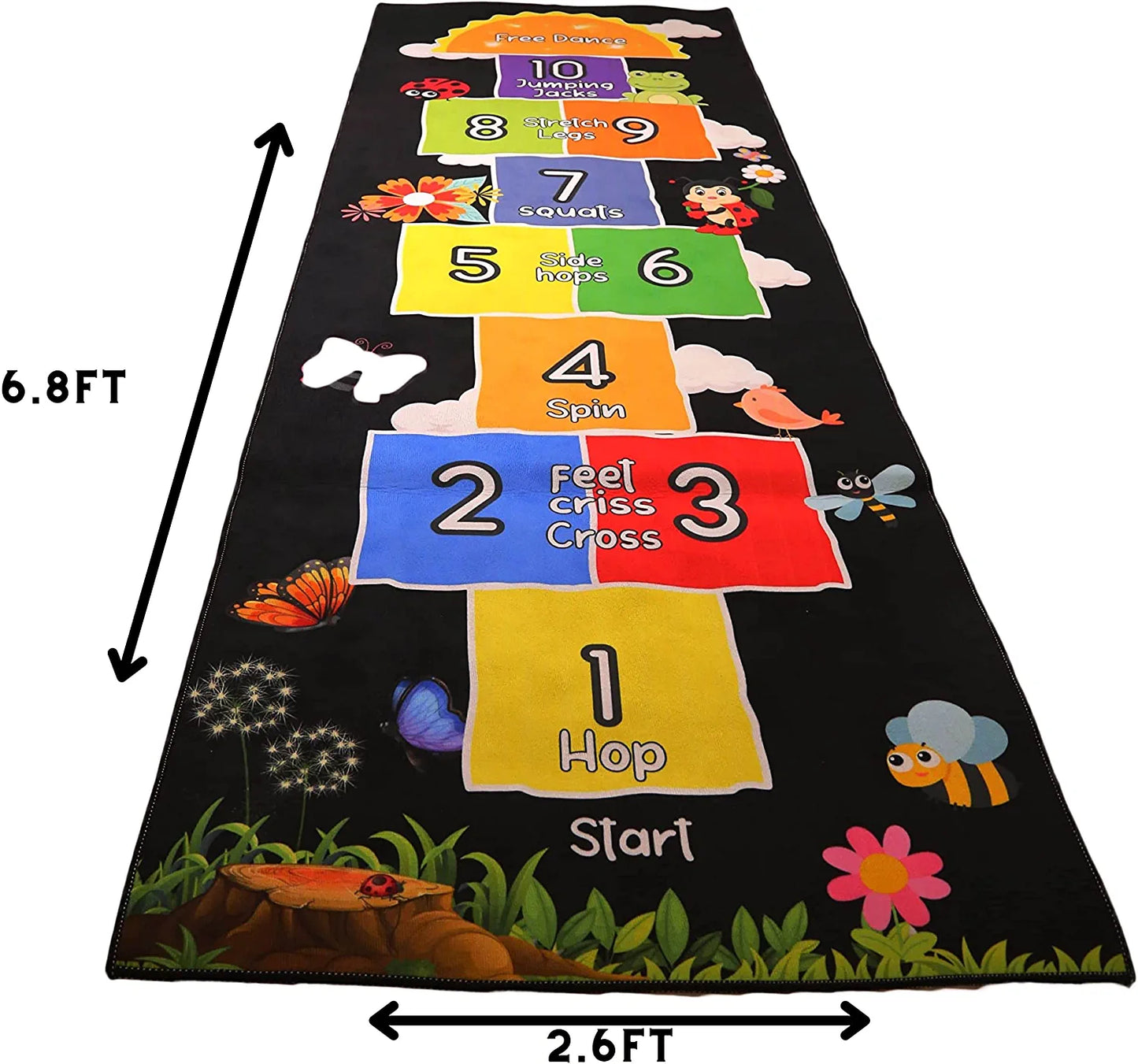 Hopscotch Rug - Kids Rug - Playroom Rug for Kids Room, Daycare, Nursery - Cute Indoor or Outdoor Play Carpet for Children - Fun, Educational Games for Boys & Girls (Black)