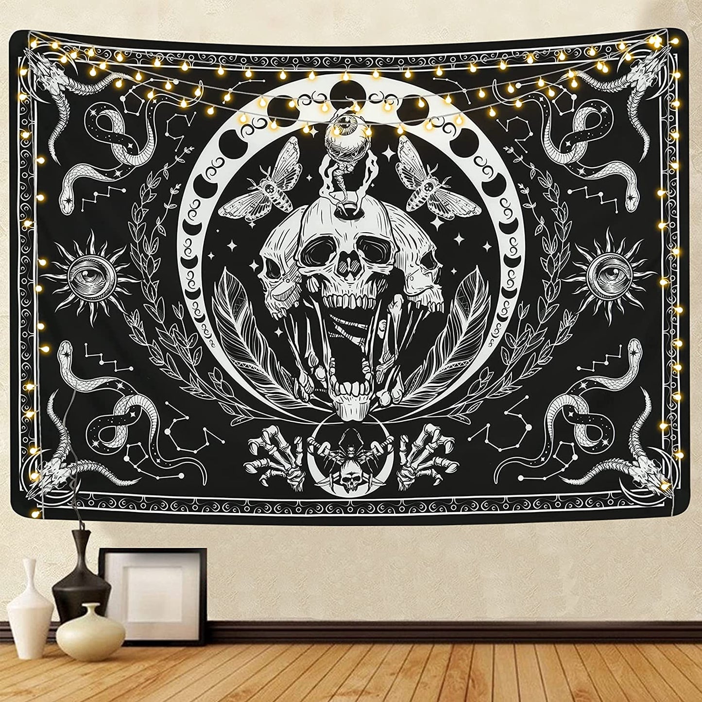 Skull Tapestry Black and White Tapestries Snake Tapestry Moth Tapestry Trippy Skeleton Tapestry Mandala Moon Phase Tapestry Wall Hanging for Room(51.2 X 59.1 Inches)