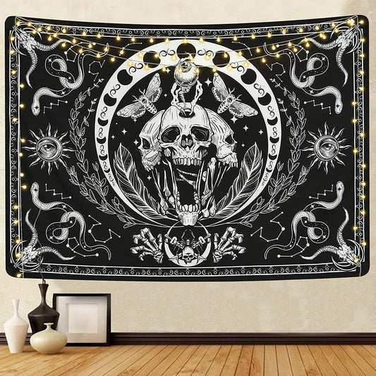 Skull Tapestry Black and White Tapestries Snake Tapestry Moth Tapestry Trippy Skeleton Tapestry Mandala Moon Phase Tapestry Wall Hanging for Room(51.2 X 59.1 Inches)