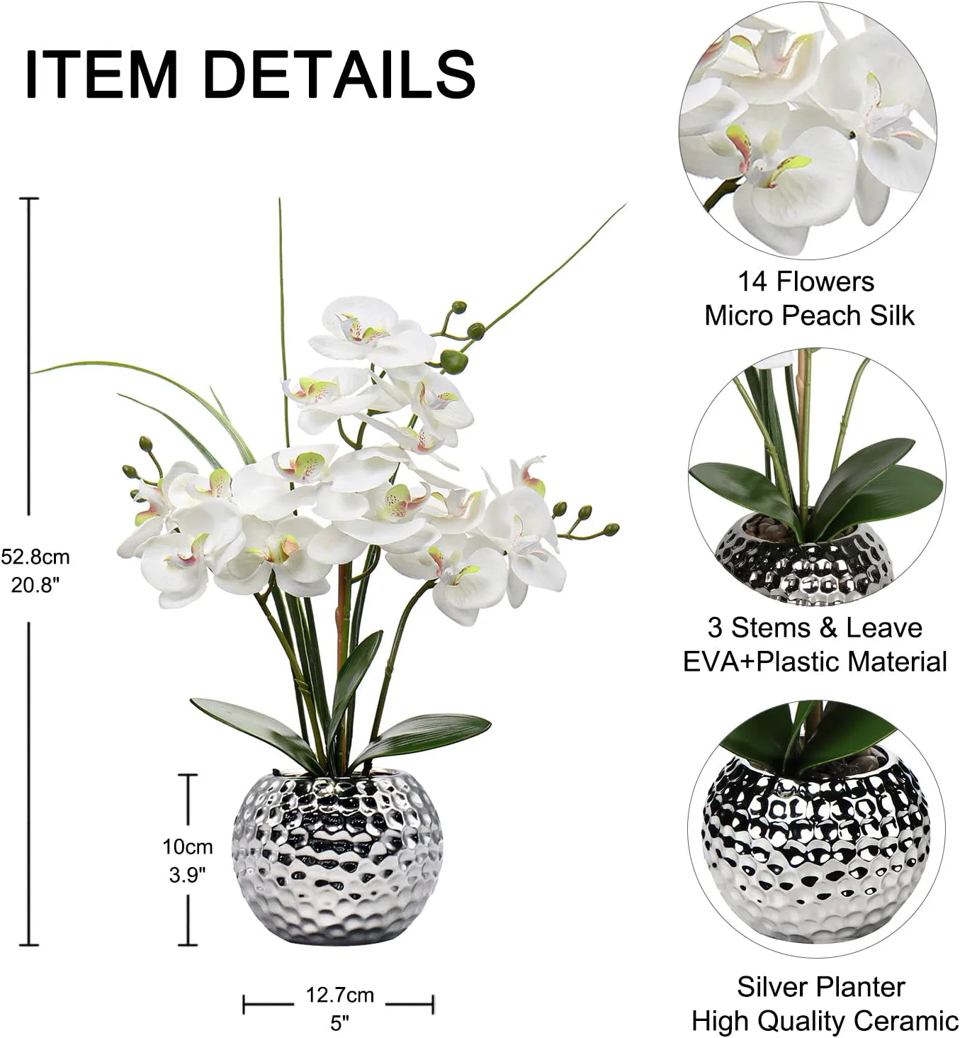 Artificial White Phalaenopsis Orchid Flower Arrangements 20.8" Faux Orchid Flower in Silver Pot Orchid Centerpiece for Dining Room Table