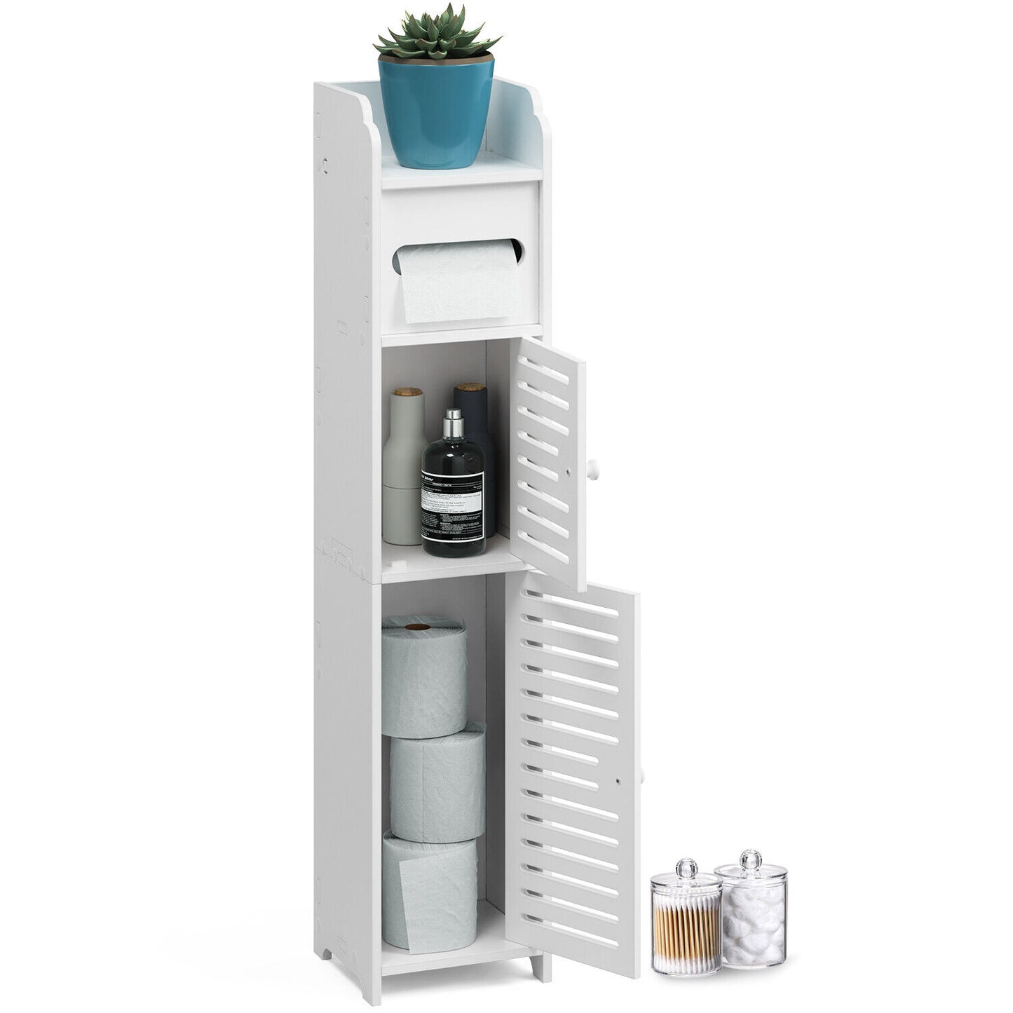 Storage Cabinet Floor Standing Toilet Paper Organizer Shelves with Door Bathroom