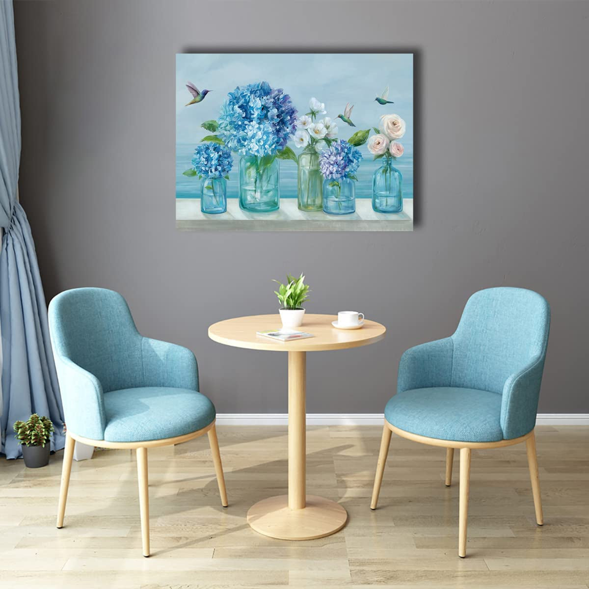Flowers Canvas Wall Art White Floral Canvas Pictures Rose Hydrangea in Jar Wall Decor Bird Print Blue Painting Contemporary Artwork Living Room Bedroom Kitchen Home Decor 12"X 16"