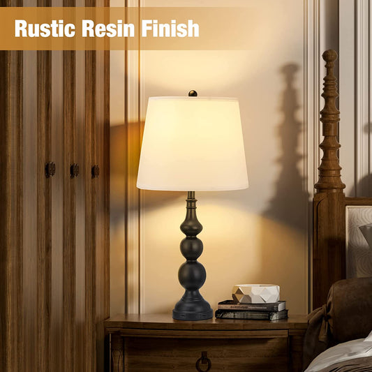 USB Table Lamp Set of 2 - Room Lamps with USB Charging Ports, Industrial Farmhouse Nightstand Lamp with Fabric Lampshade, Bedside Lamp Sets with Rotary Switch for Living Room Bedroom(Bulbs Included)