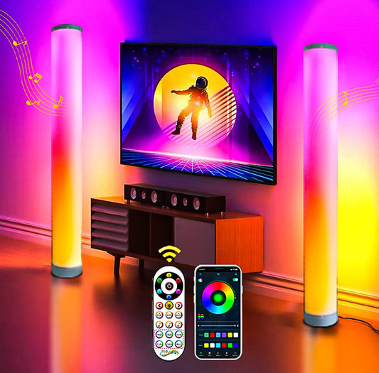 RGB Floor Lamp 2 Pack, Corner Lamps for Living Room with Remote and Smart App Control, Music Sync Color Changing LED Lights for Bedroom, Dimmable Modern Mood Lighting Gaming Room Decoration