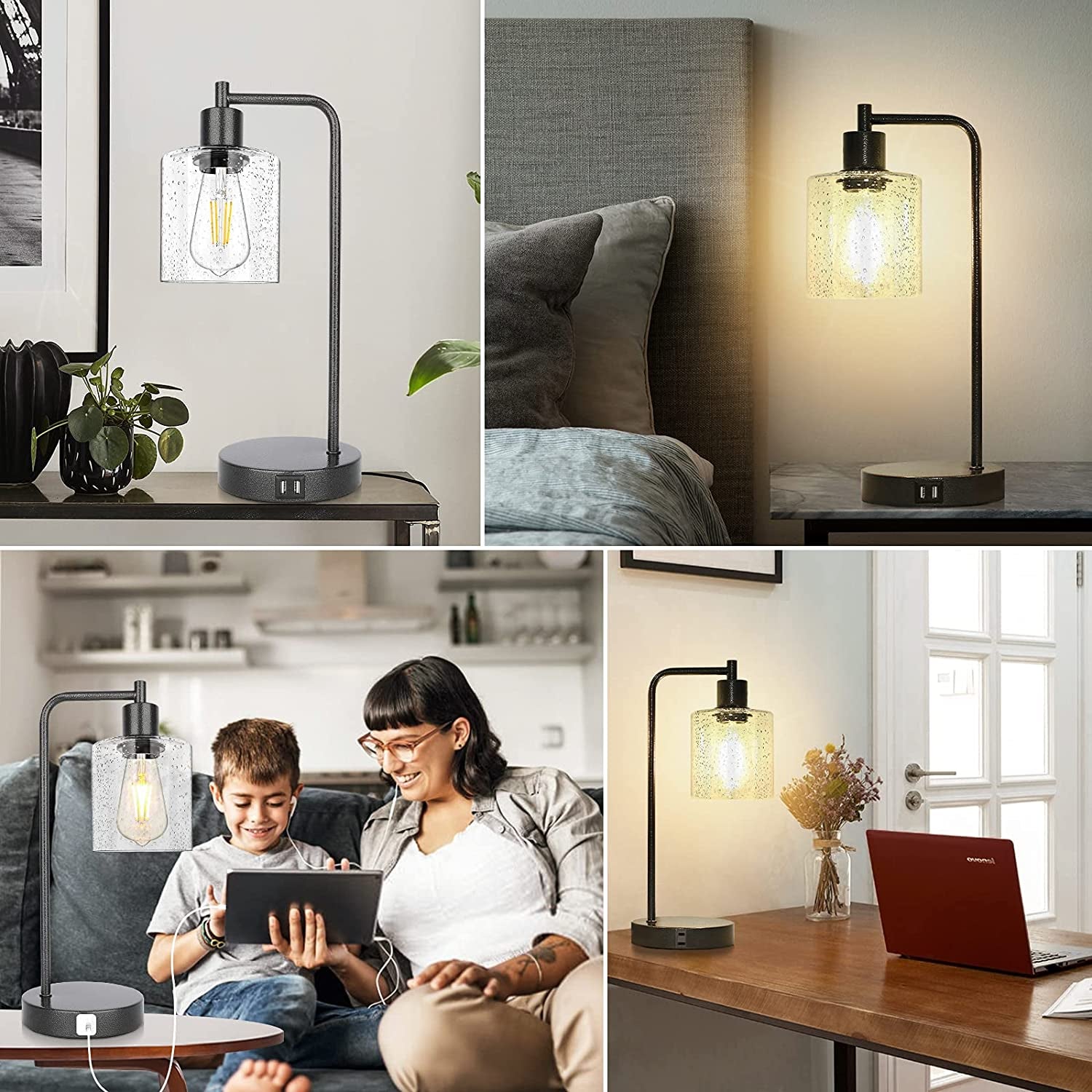 Set of 2 Farmhouse Rustic Table Lamps Rocky Black for Bedroom Nightstand 3-Way Dimmable Touch Control Industrial Bedside Lamps with 2 USB Charging Ports & AC Outlet Living Room Office, Bulbs Included
