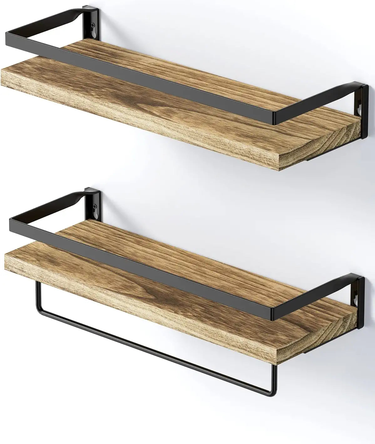 Floating Shelves, Bathroom Shelf with Towel Bar, Wall Shelves for Bathroom/Living Room/Kitchen/Bedroom, Light Brown Shelves Set of 2 - AMFS01