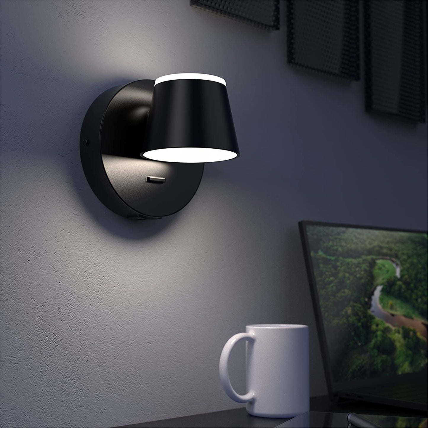 Wall Light LED Wall Sconce with On/Off Switch USB Charging Port 110 Volt Hardwired Wall Lamp 350 Rotatable up down Sconces Wall Lighting (Black)