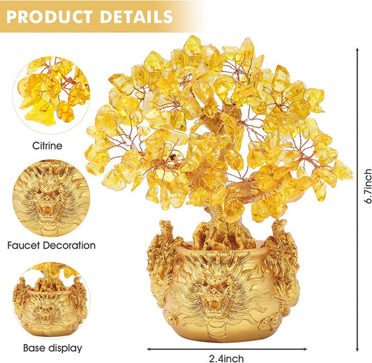 Feng Shui Citrine/Yellow Crytal Money Tree Bonsai with Chinese Decoration for Luck and Wealth