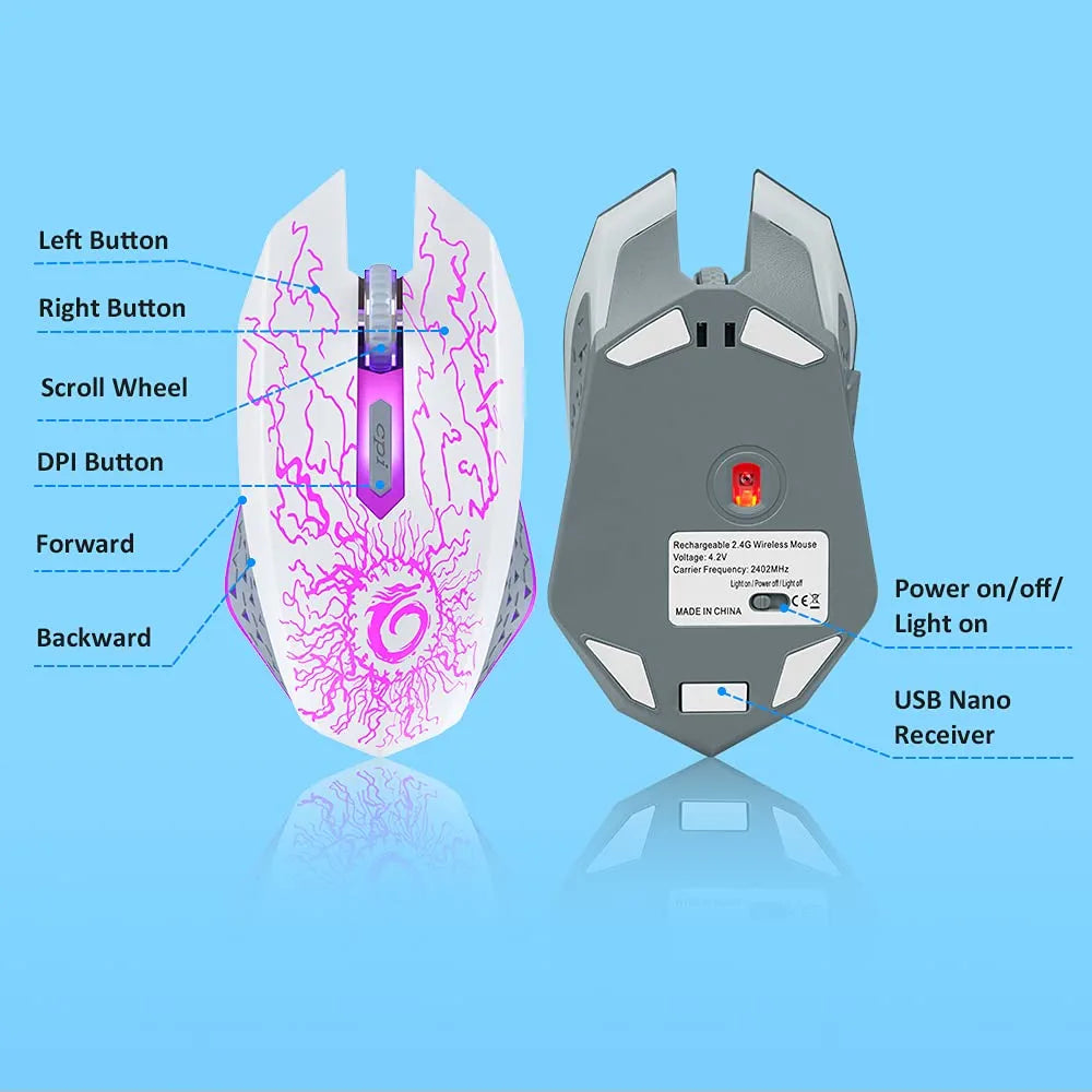 Wireless Gaming Mouse, Rechargeable Computer Mouse Mice with Colorful LED Lights, Silent Click, 2.4G USB Nano Receiver, 3 Level DPI for PC Gamer Laptop Desktop Chromebook Mac -White