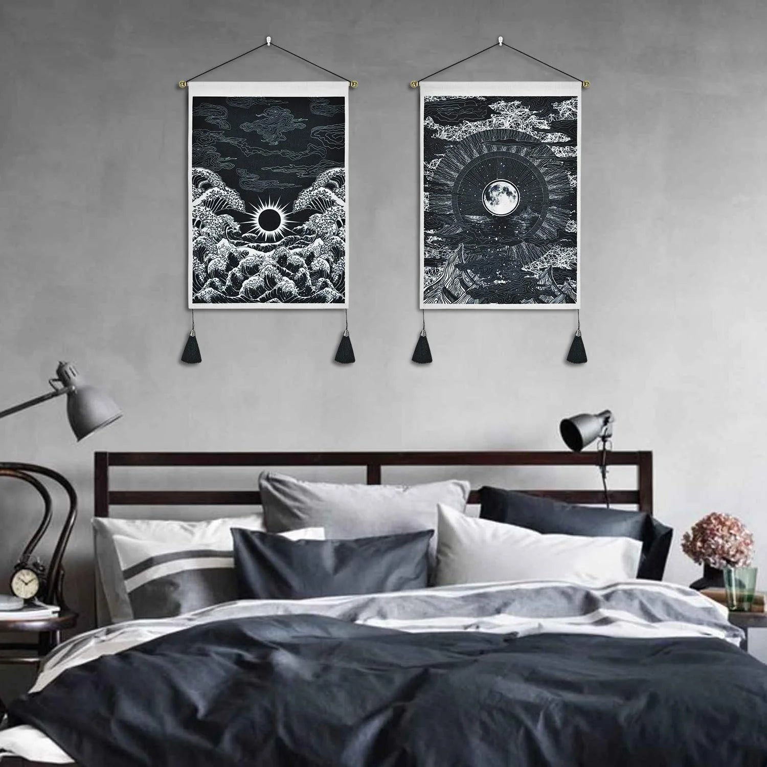 2 Pack Moon and Star Tapestry Great Ocean Wave Tapestry Sunset Tapestry Mountain Tapestry Black and White Art Tapestry Wall Hanging for Room(13.8 X 19.7 Inches)