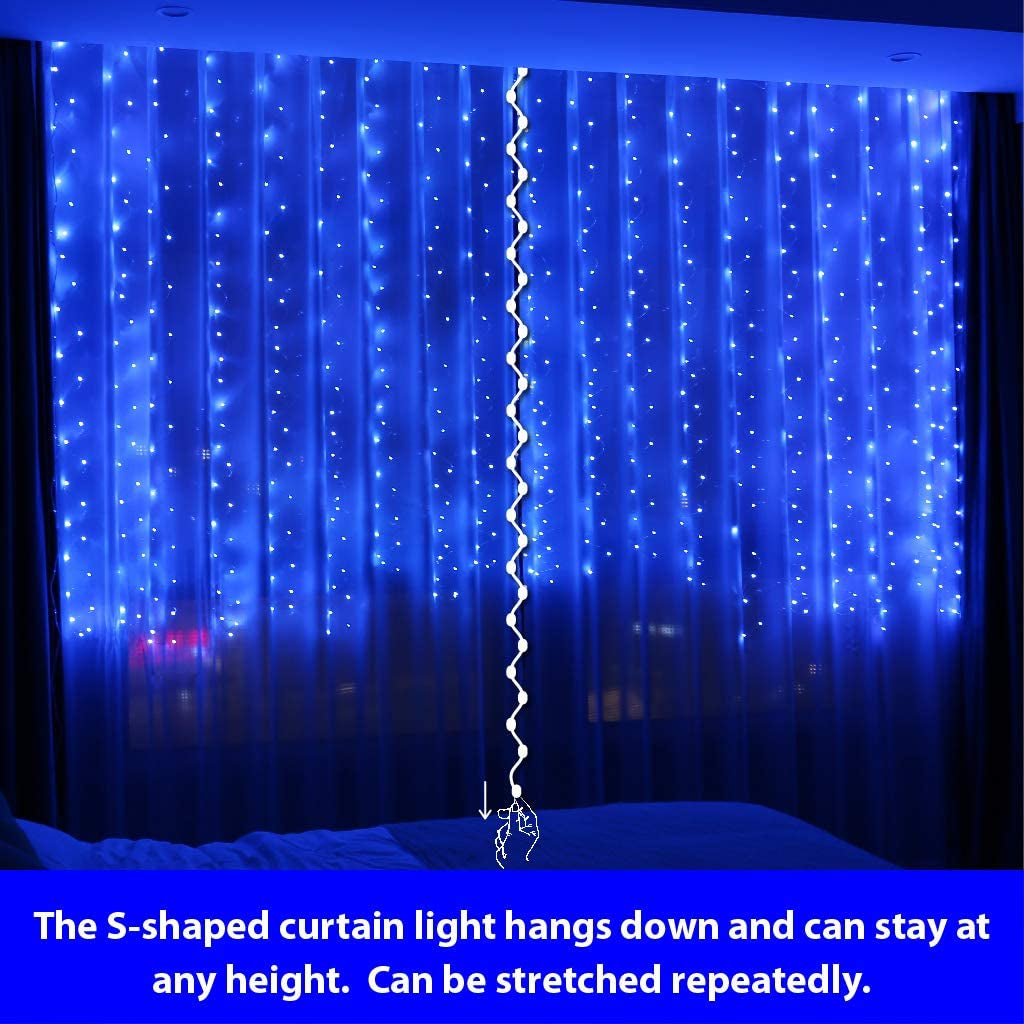 300LED Blue Fairy Curtain Lights with Remote 8 Modes Timer for Bedroom, 9.8X9.8Ft USB Plug in Fairy Hanging String Lights for Outdoor, Weddings, Party, Garden, Wall, Decorations