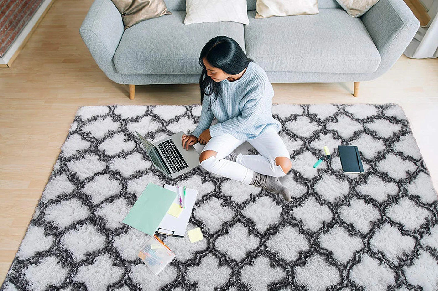 Luxury Shag Area Rug Modern Indoor Plush Fluffy Rugs, Extra Soft and Comfy Carpet, Geometric Moroccan Rugs for Bedroom Living Room Girls Kids Nursery, 5X8 Feet Grey/White