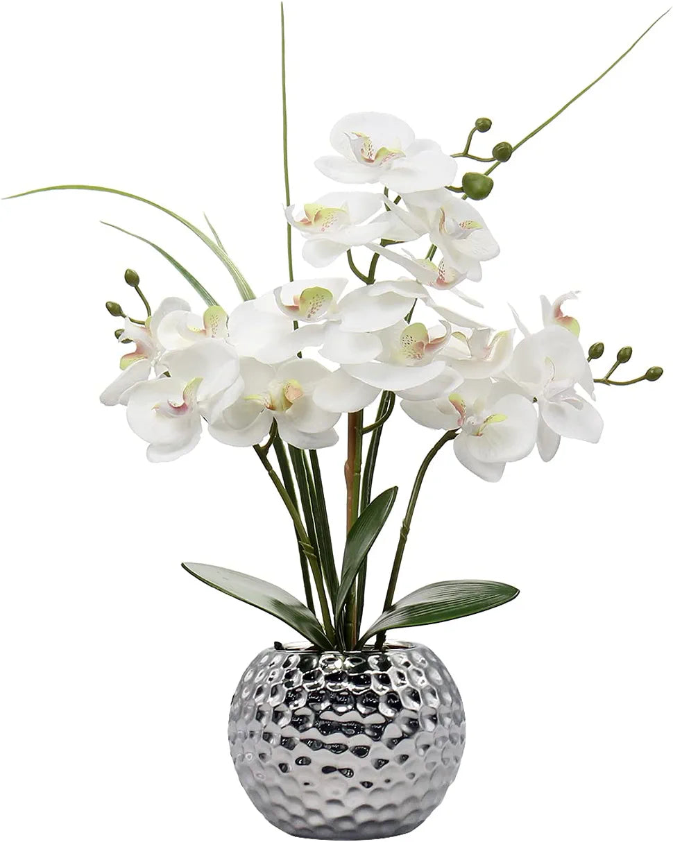 Artificial White Phalaenopsis Orchid Flower Arrangements 20.8" Faux Orchid Flower in Silver Pot Orchid Centerpiece for Dining Room Table
