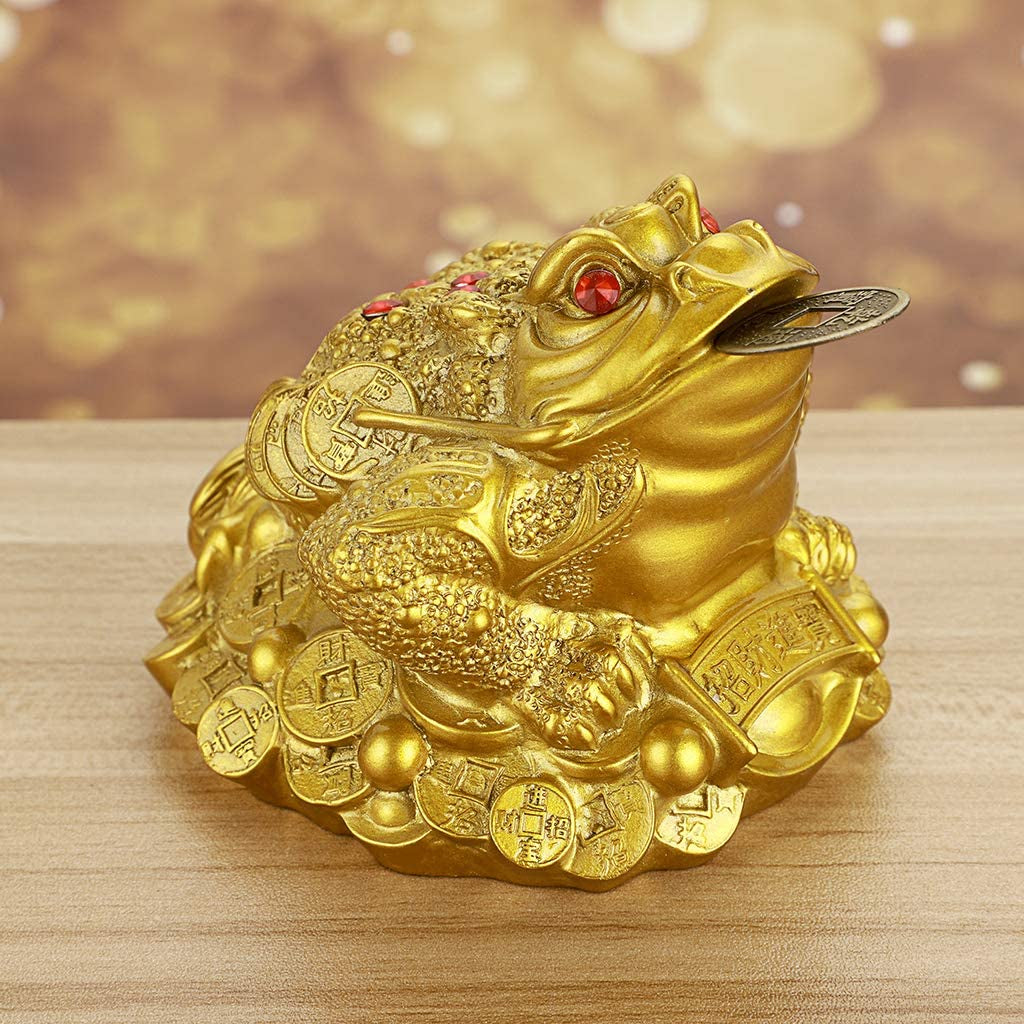 Large Money Toad Statue, Feng Shui Three Legged Toad with Coin, Lucky Charm Wealth Frog for Cash Register, Office Desk , House Warming, Store Opening Gift (Gold)
