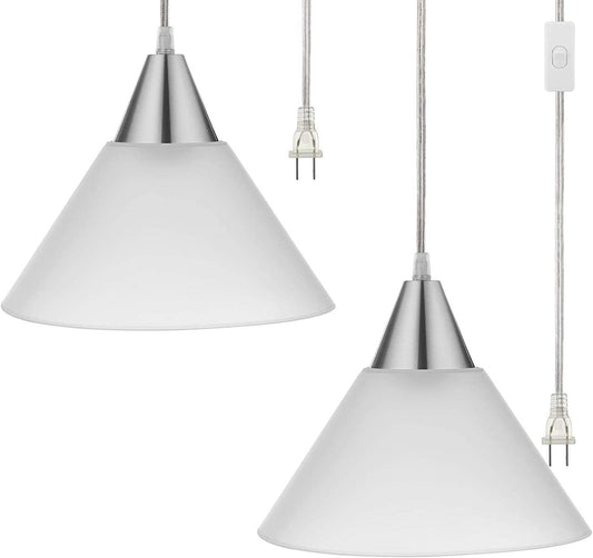 Plug in Pendant Light, 2 Pack Hanging Light with 15Ft Clear Cord, On/Off Switch, Frosted Plastic White Shade, Hanging Ceiling Light for Living Room, Bedroom, Dining Hall, ETL Listed
