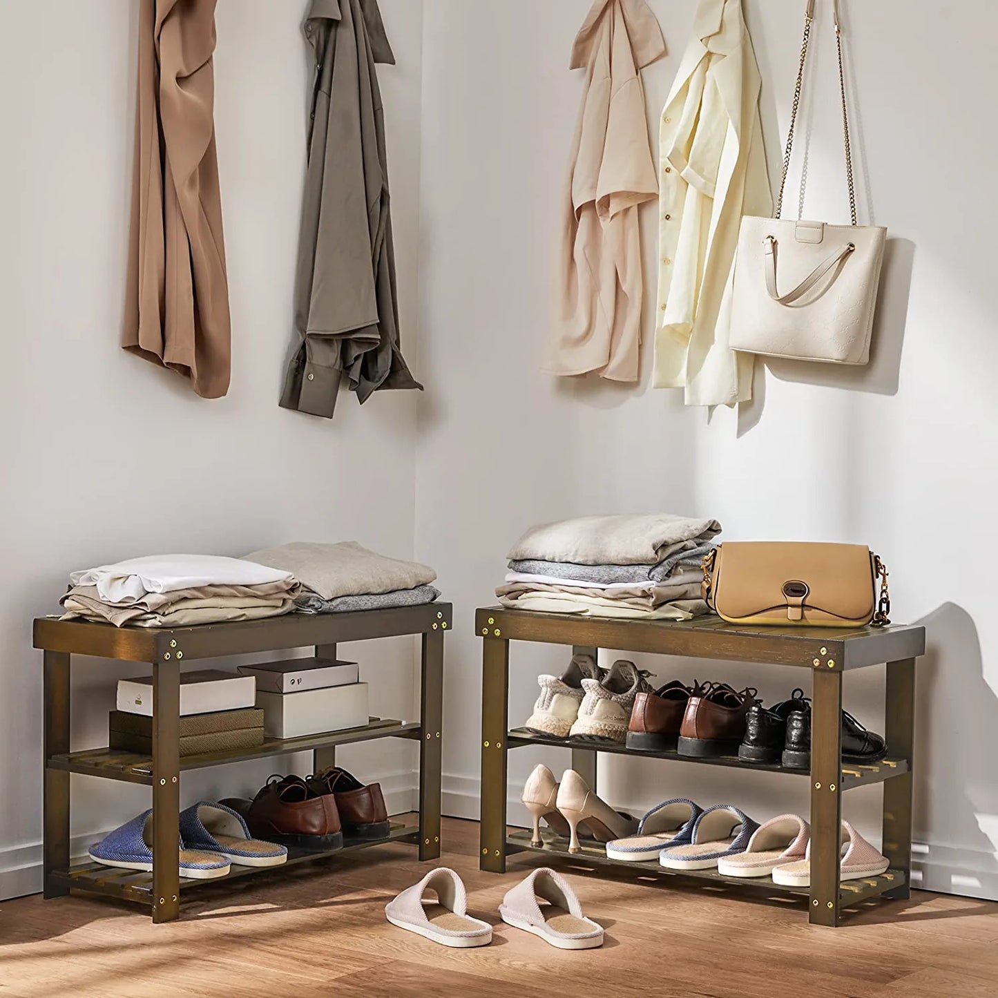 Bamboo Shoe Rack Bench, 3-Tier Sturdy Shoe Organizer, Storage Shoe Shelf, Holds up to 300Lbs for Entryway Bedroom Living Room Balcony (Dark Brown)