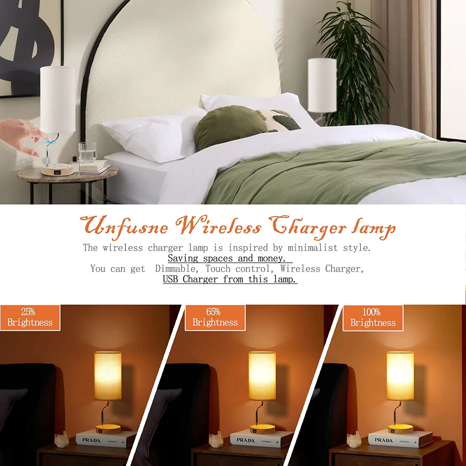 Bedside Lamp with Wireless Charger,Touch Control Night Lamp for Bedroom ,3-Way Dimmable Wooden Nightstand Lamps for Bed Side Table, Small Lamps with USB Charging Port,For Boy Girl Kid Room