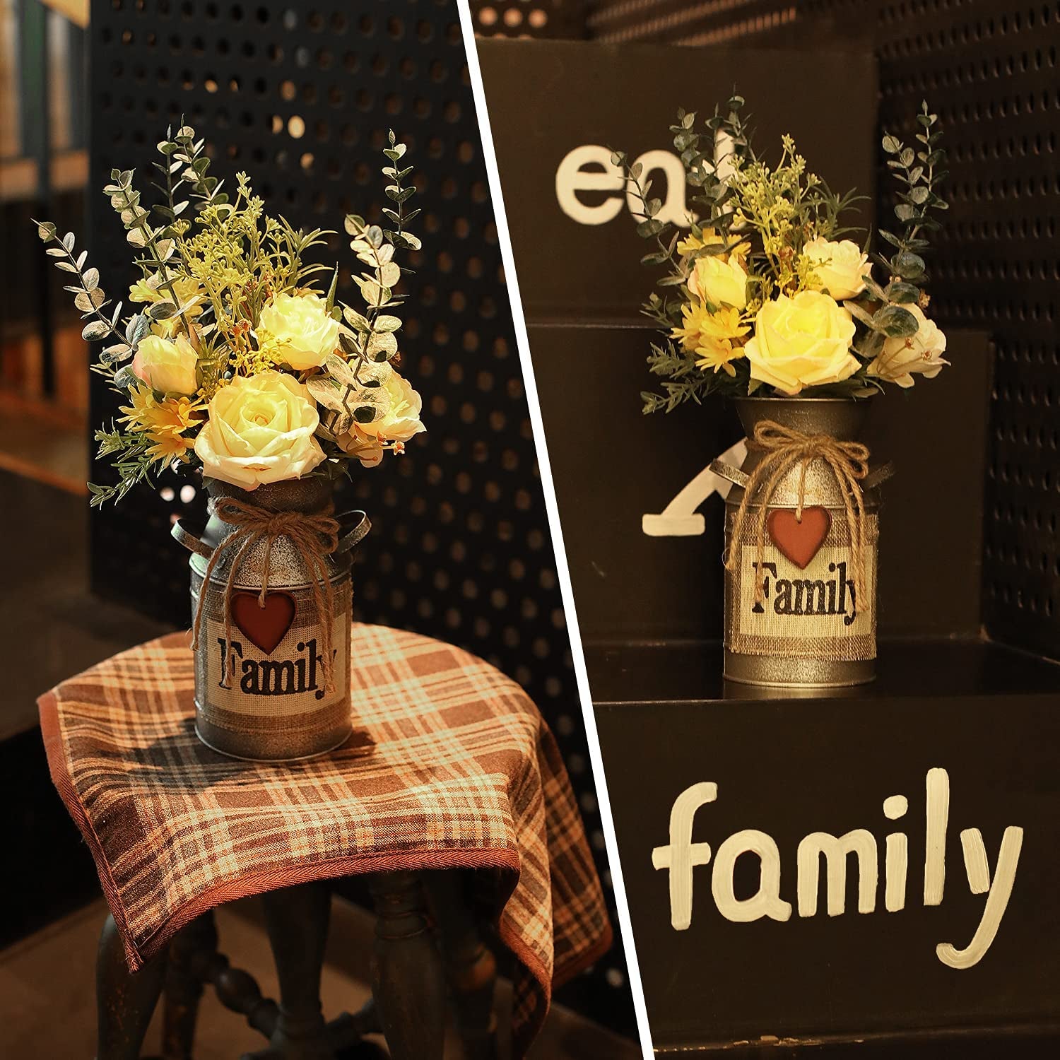 Metal Flower Vase Milk Can Rustic Style with Rose & Eucalyptus Shabby Chic Metal Vase for Rustic Home Dining Table Centerpieces Decor (Yellow, 1)
