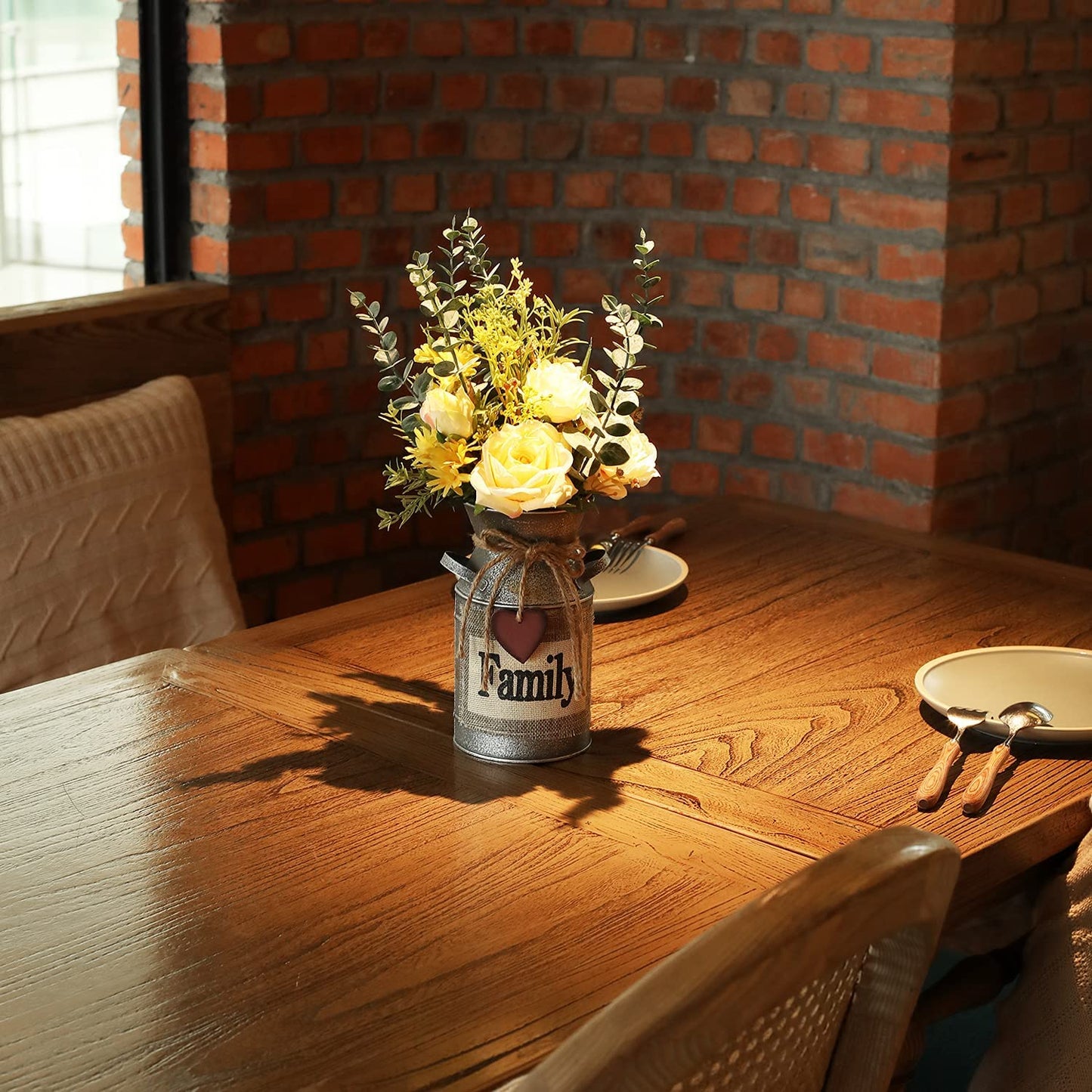 Metal Flower Vase Milk Can Rustic Style with Rose & Eucalyptus Shabby Chic Metal Vase for Rustic Home Dining Table Centerpieces Decor (Yellow, 1)