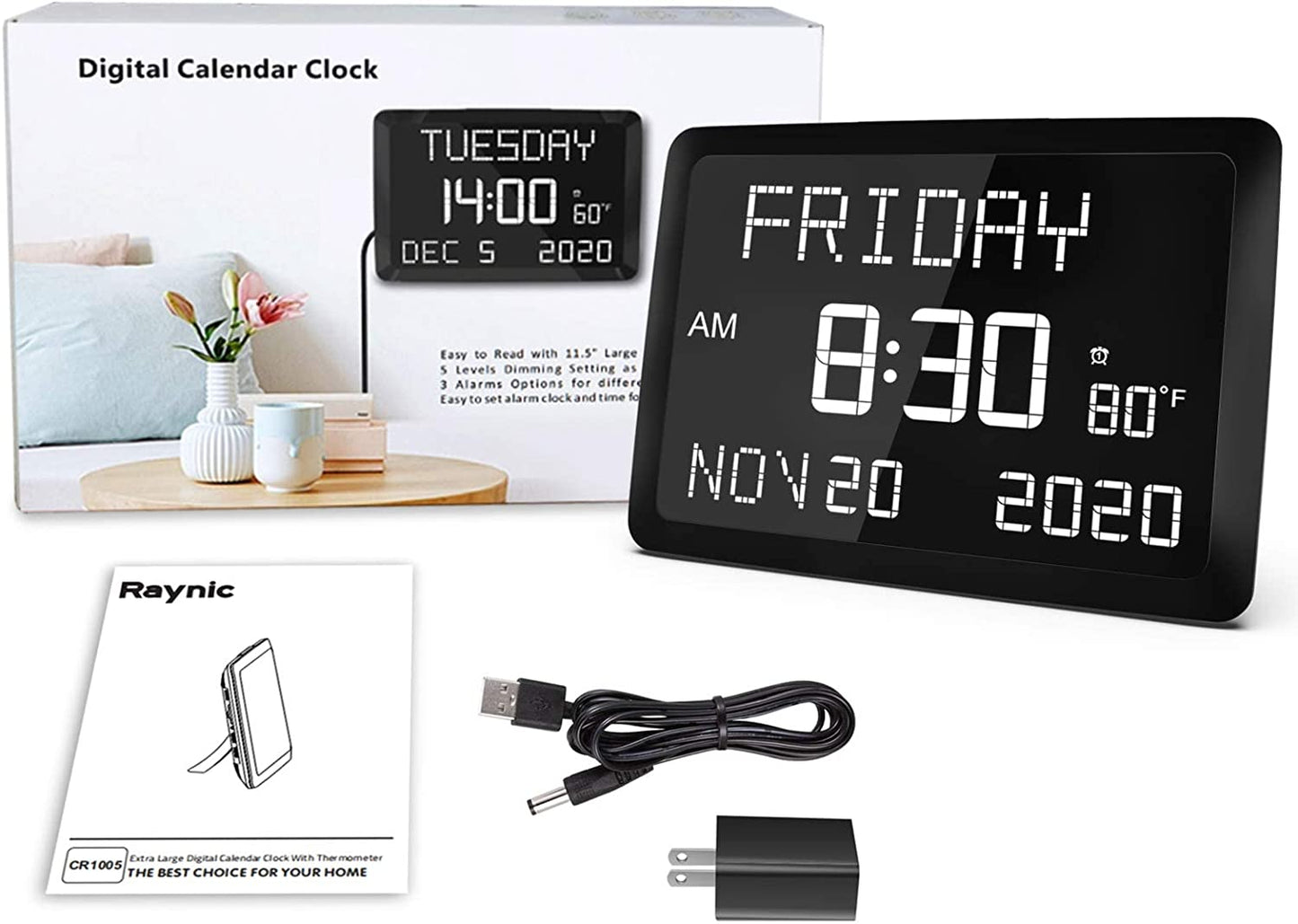 Digital Clock, 11.5" Large LED Word Display Dimmable Digital Wall Clock,Adjustable Brightness Digital Alarm Clock with Day and Date,Indoor Temperature,Snooze,12/24H,Dst for Home, Office,Elderly