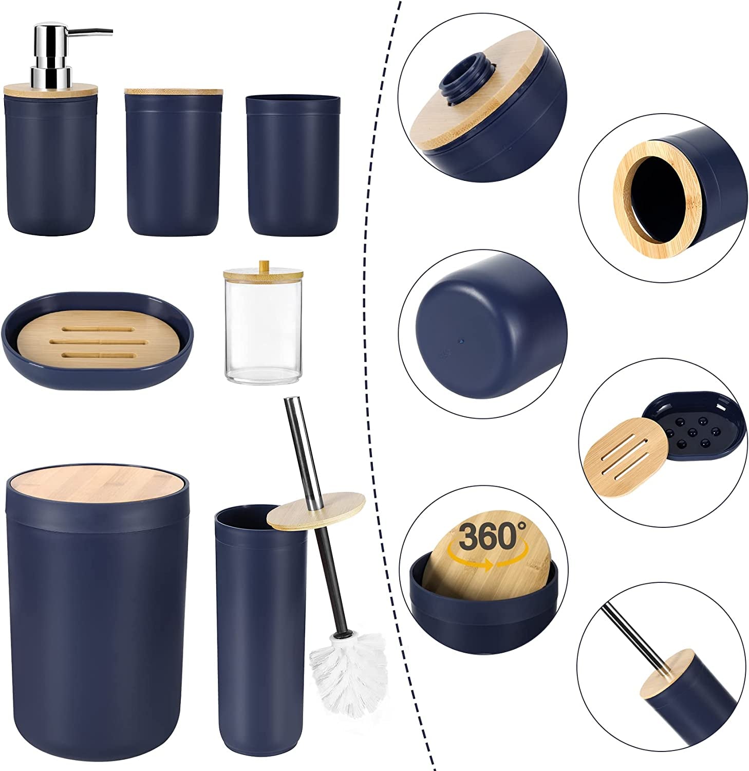 8Pcs Navy Blue Bathroom Accessories Set - with Trash Can Toothbrush Holder Soap Dispenser Soap and Lotion Set Tumbler Cup…