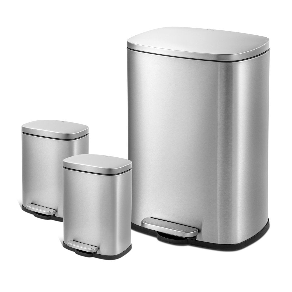 Qualiazero Rectangular Step Garbage Can 3 Piece Combo, 13.2 Gal , Two 1.3 Gal, Stainless Steel