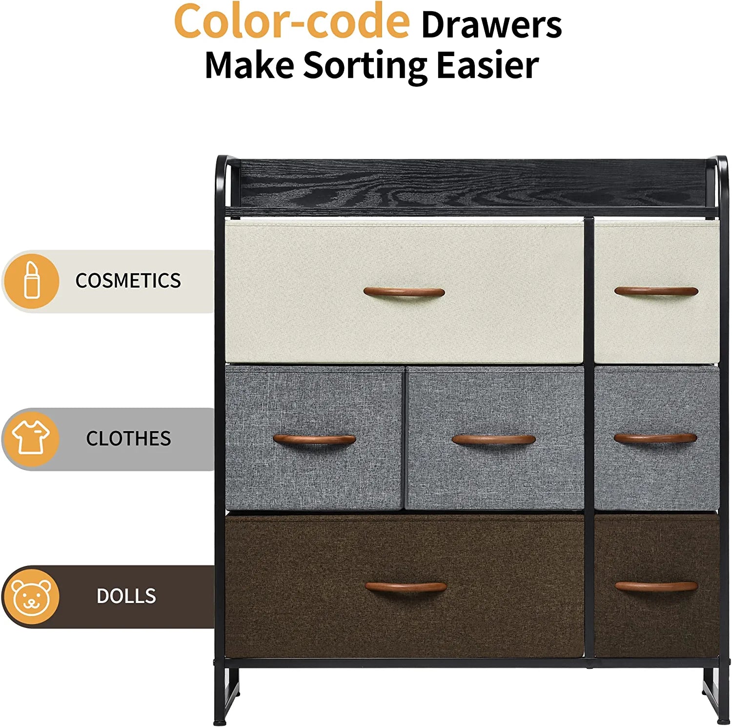 Dresser with 7 Drawers, Tall Dresser with Wood Top, 3-Tier Dresser Changeable Fabric Dresser Organizer Unit for Bedroom/Living Room/Closets，Multicolor