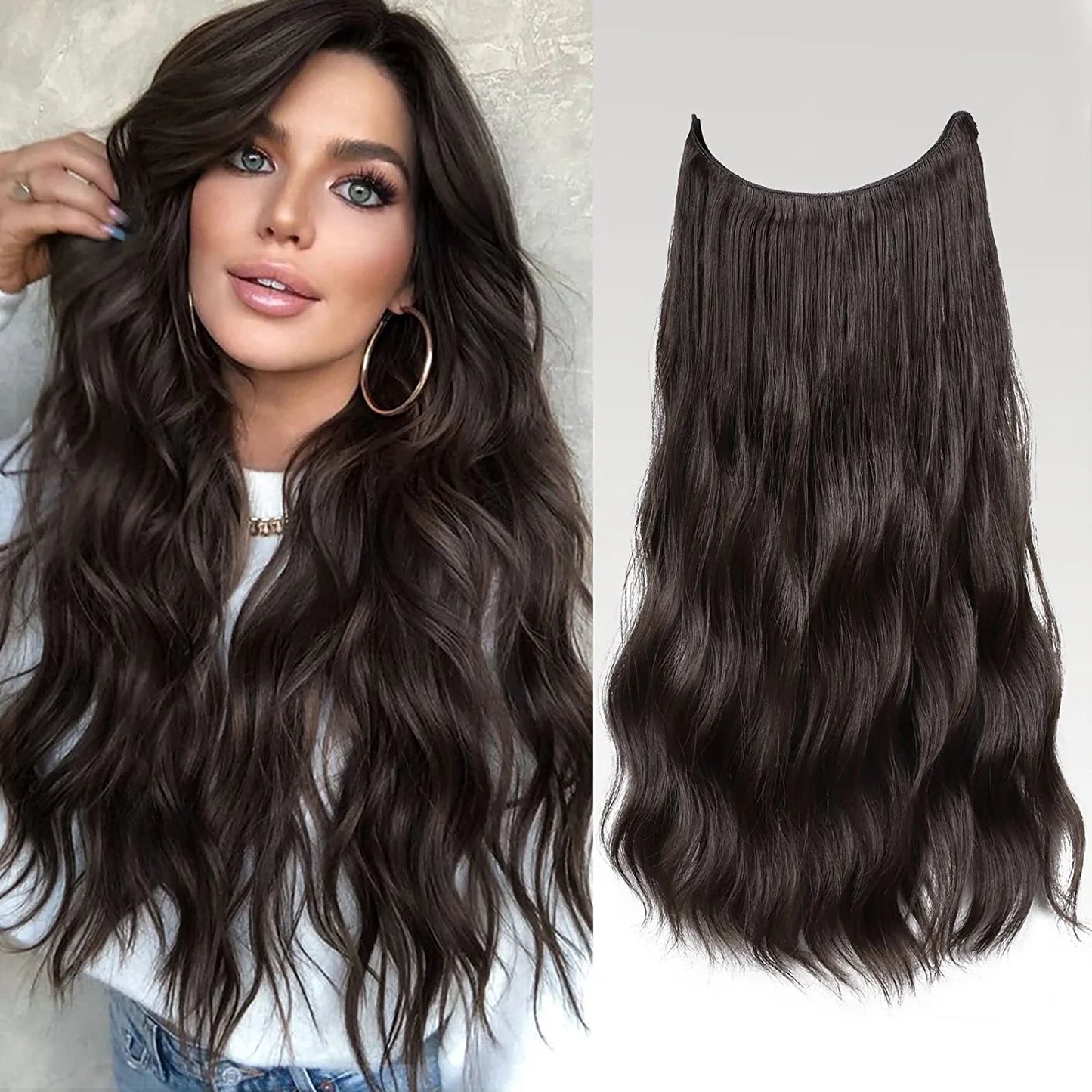 Invisible Wire Hair Extensions Long 20 Inches Wavy Hair Extensions with Adjustable Size Invisible Wire Hairpieces for Women (6A)