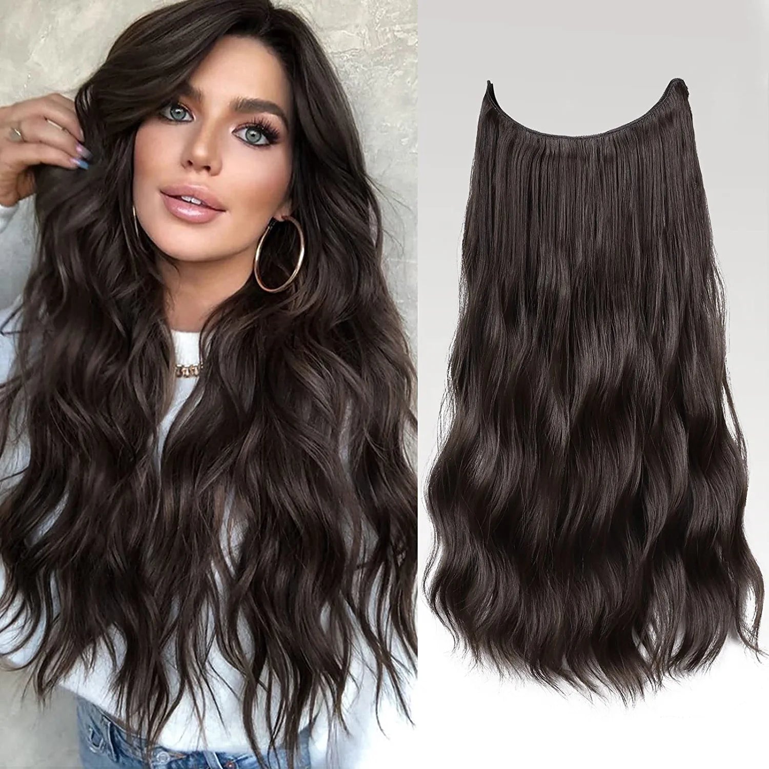 Invisible Wire Hair Extensions Long 20 Inches Wavy Hair Extensions with Adjustable Size Invisible Wire Hairpieces for Women (6A)