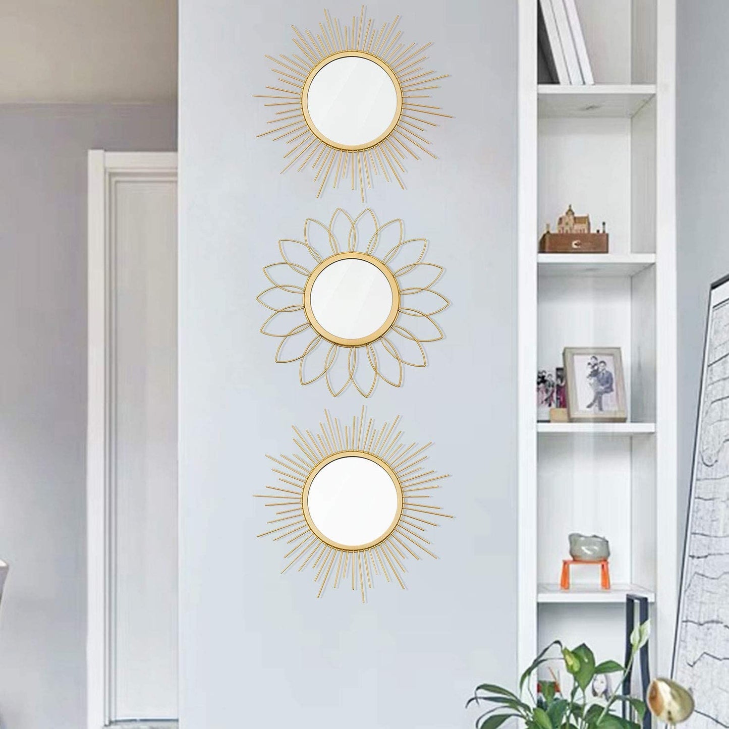 3 Pack Gold Mirrors for Wall Metal Sunburst Wall Mirrors Home Décor Decorative Hanging Wall Art for Living Room Bedroom Entryway
