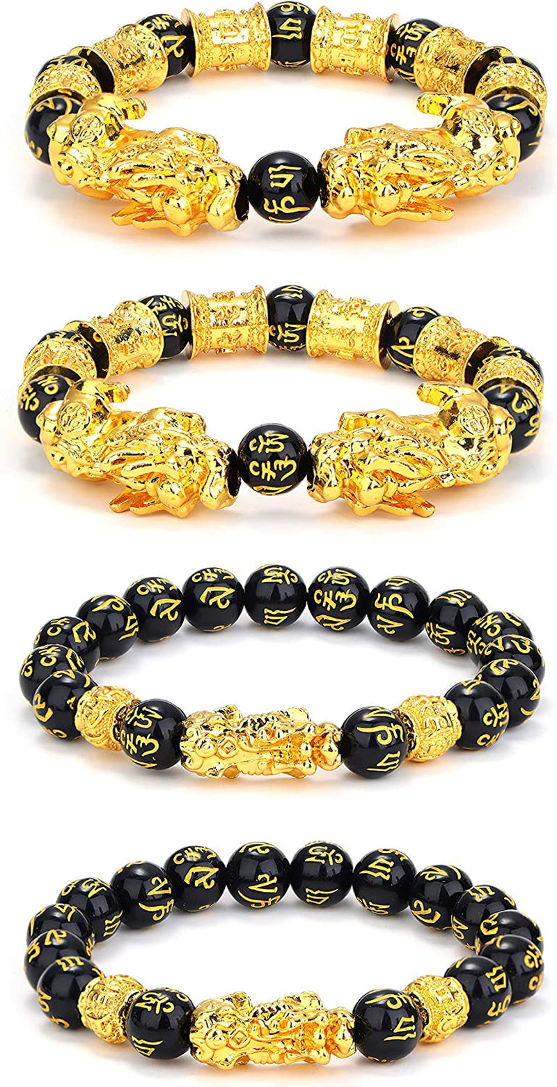 4 Pcs Feng Shui Black Obsidian Wealth Bracelet for Men Women Good Luck Charms Bead Bracelets Attract Wealth Money Adjustable Mens Pixiu Bracelet Set