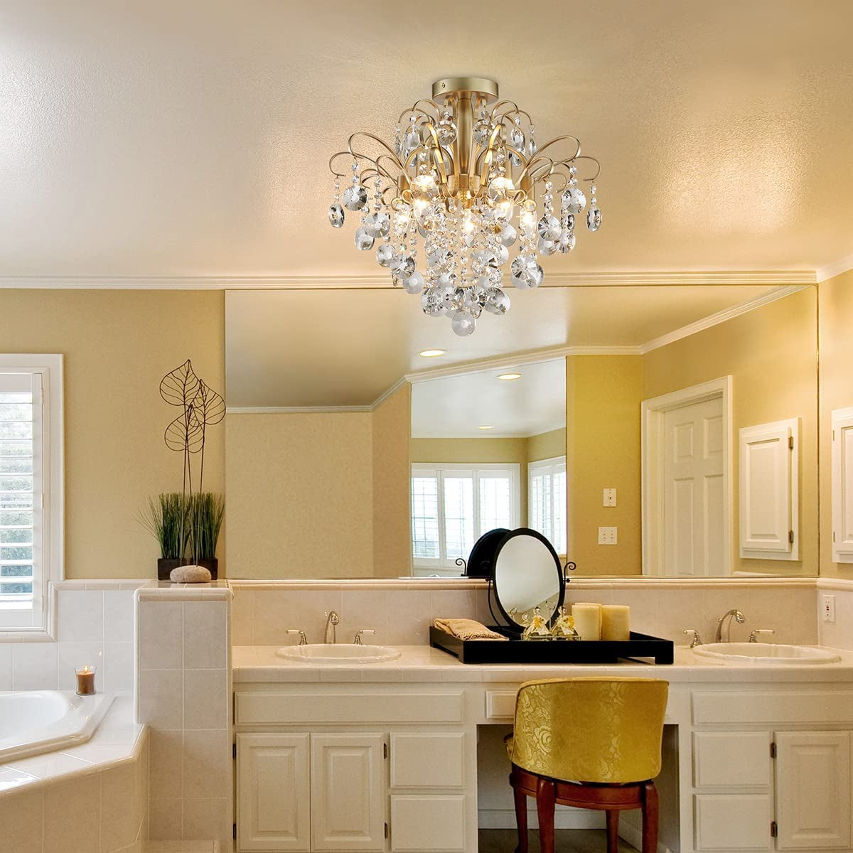 Crystal Chandelier Flushmount Ceiling Light Modern Lighting Fixture for Bedroom Hallway Bar Kitchen Bathroom, H 17.5'' X W 19.3'', E12 Base, Gold