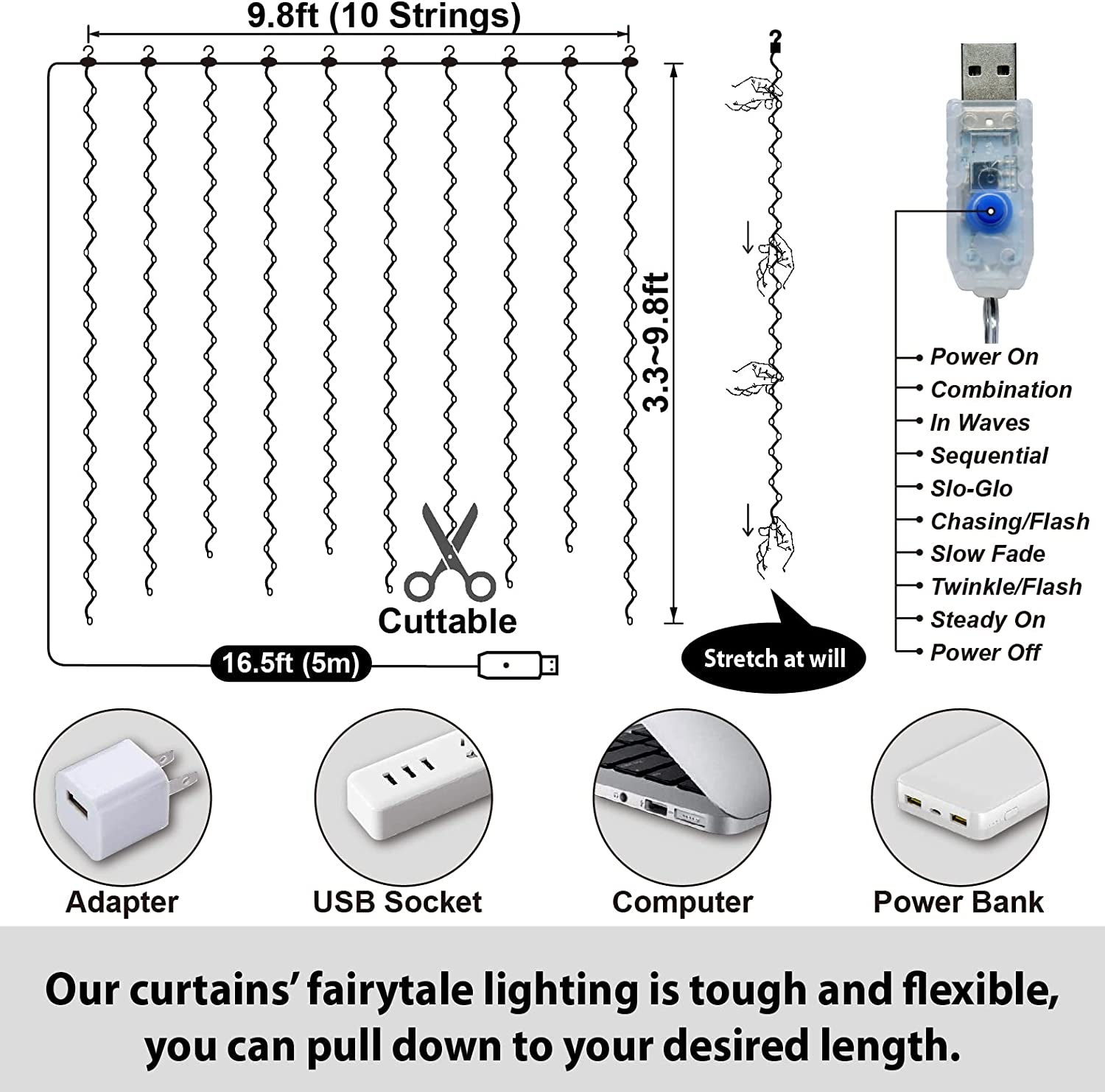 300LED Blue Fairy Curtain Lights with Remote 8 Modes Timer for Bedroom, 9.8X9.8Ft USB Plug in Fairy Hanging String Lights for Outdoor, Weddings, Party, Garden, Wall, Decorations