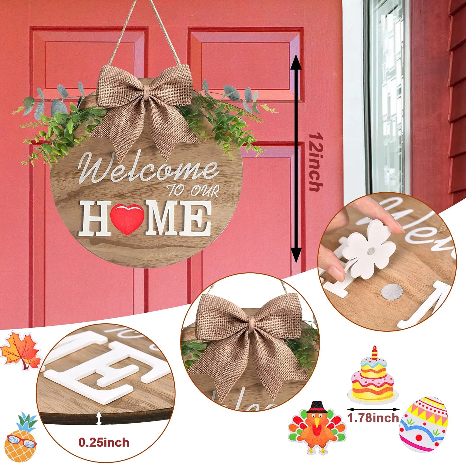 Interchangeable Welcome Home Sign, Seasonal Front Porch Door Decor with 21 Changeable Seasonal Icons for Halloween /Christmas/Independence Day, Rustic Wood Wreaths Wall Hanger for Housewarming Gift (12")