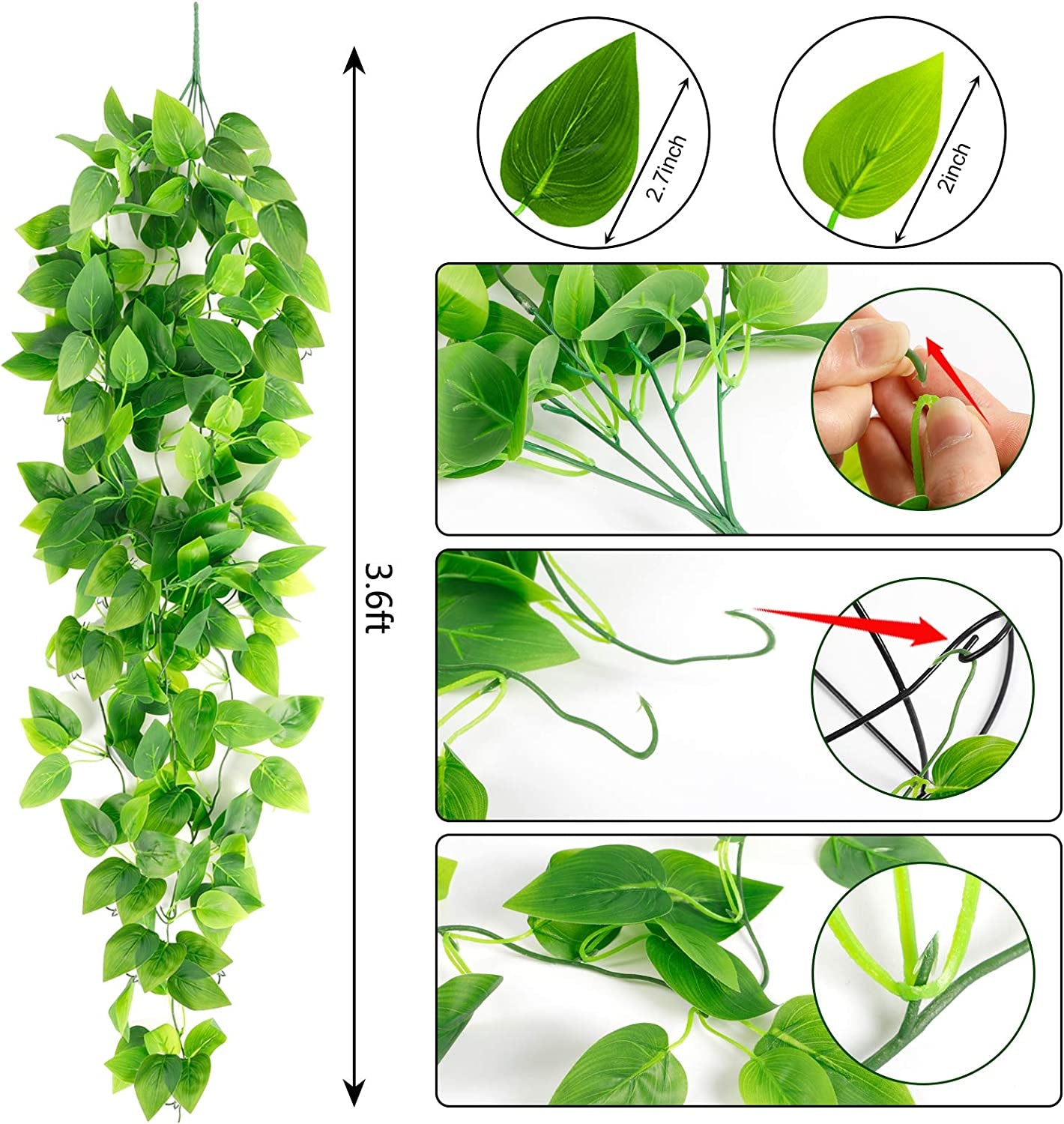3Pcs Artificial Hanging Plants, 3.6Ft Fake Hanging Plant, Fake Ivy Vine for Wall House Room Indoor Outdoor Decoration (No Baskets)