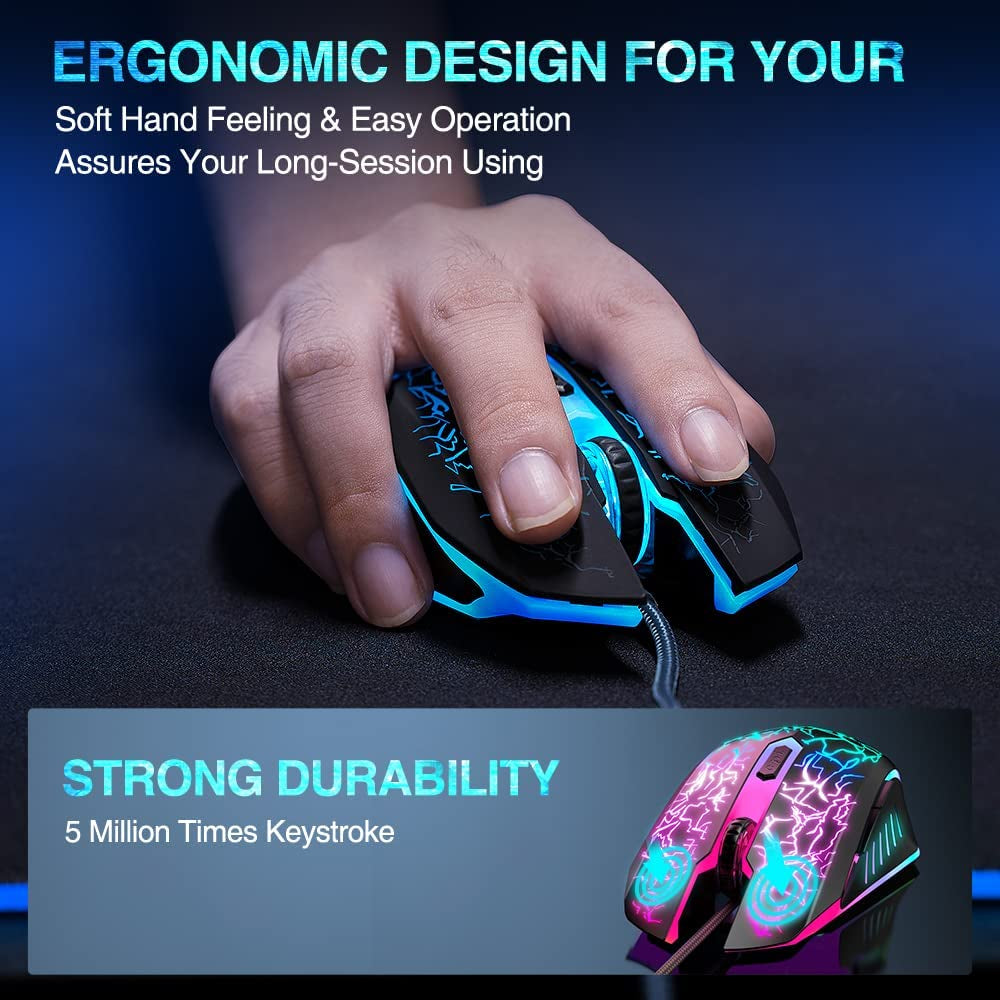 BENGOO Gaming Mouse Wired, USB Optical Computer Mice with RGB Backlit, 4 Adjustable DPI up to 3600, Ergonomic Gamer Laptop PC Mouse with 6 Programmable Buttons for Windows 7/8/10/XP Vista Linux -Black
