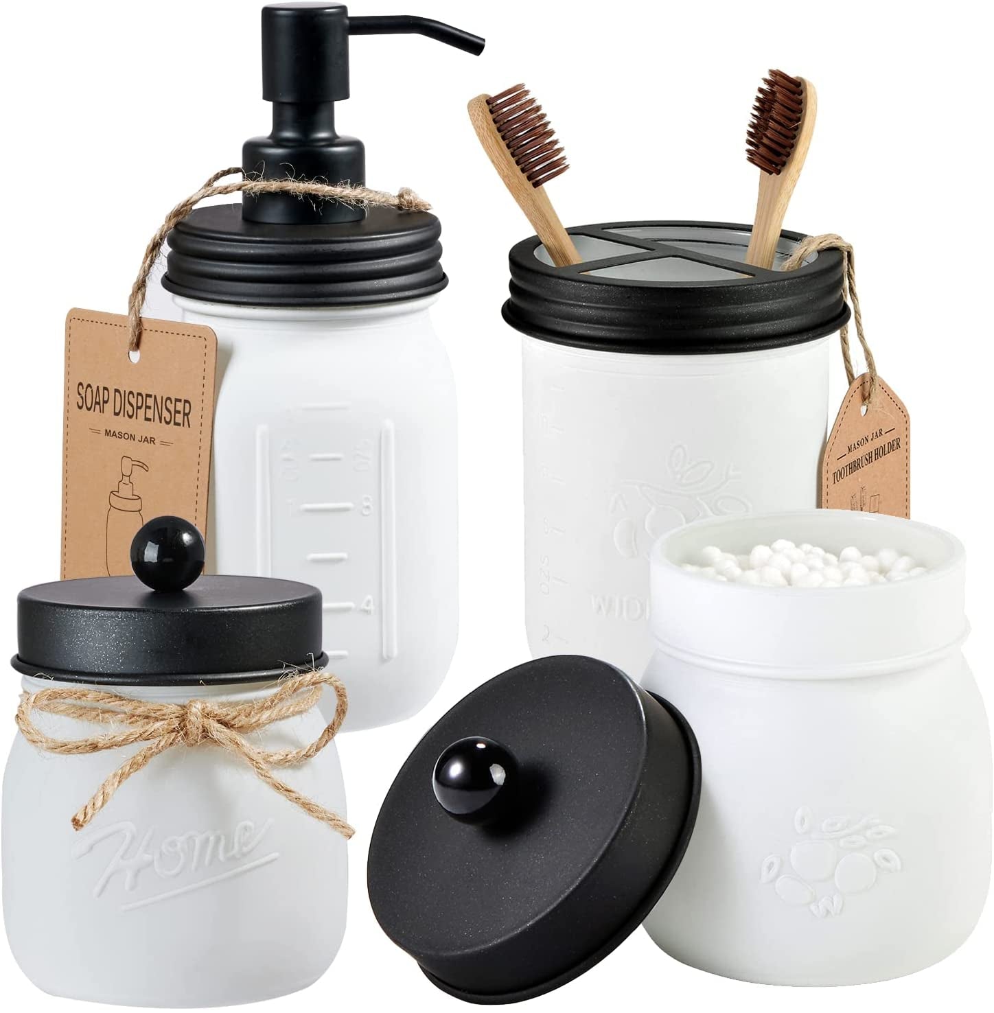 Mason Jar Bathroom Accessories Set (4 Pack)—White Retro Mason Jar Lotion Soap Dispenser & 2 Apothecary Jars & Toothbrush Holder- Rustic Farmhouse Restroom, Bathroom Decor Countertop Organizer (Black)