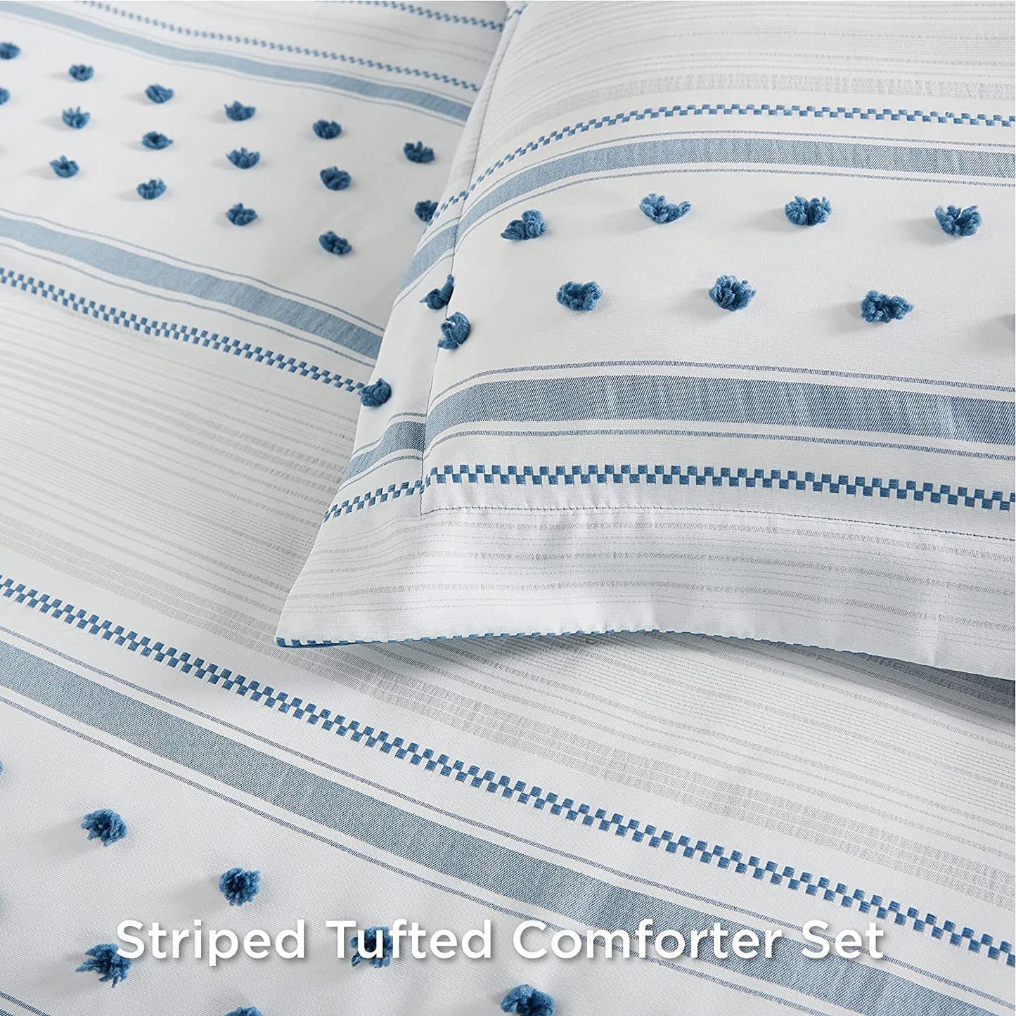 Bedsure Blue Twin Comforter Set - Boho Bedding Set , Reversible White Striped Tufted Farmhouse Twin Size Comforter Sets (68X88 Inches, 2 Pieces)
