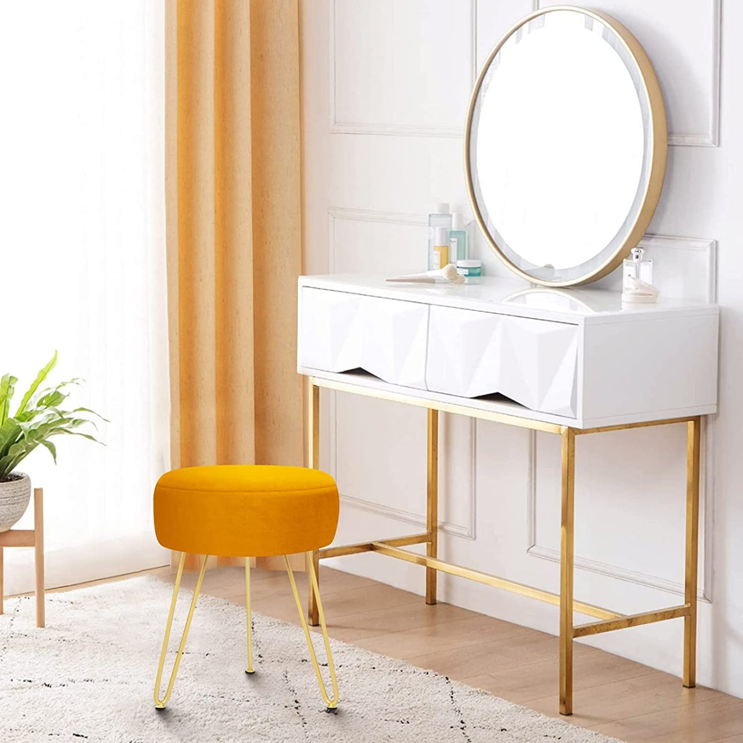 Multifunctional Vanity Stools - Velvet round Ottoman Modern Dressing Stool -Upholstered Footrest Stool - Side Table Footstool with Golden Metal Leg for Living Room, Bedroom(Pumpkin Orange)