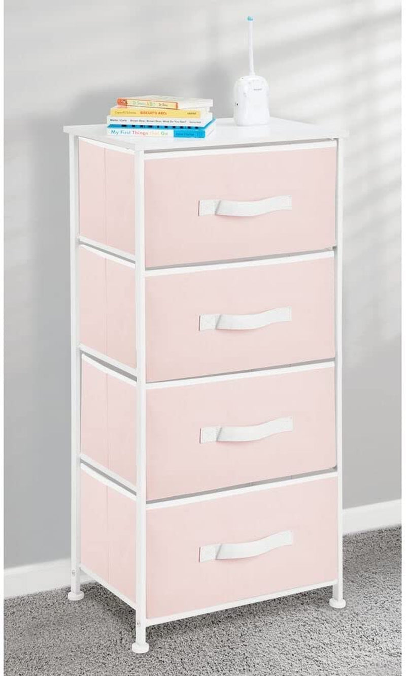 Mdesign Storage Dresser Furniture Unit - Tall Baby and Kid Standing Organizer Tower for Bedroom, Nursery, Playroom, and Closet - 4 Drawer Removable Fabric Bins - Pink/White