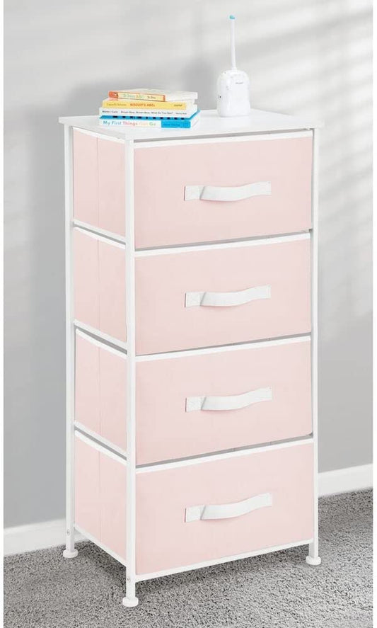 Mdesign Storage Dresser Furniture Unit - Tall Baby and Kid Standing Organizer Tower for Bedroom, Nursery, Playroom, and Closet - 4 Drawer Removable Fabric Bins - Pink/White